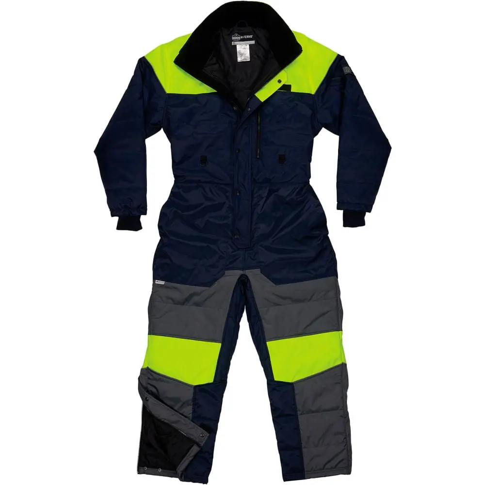 Ergodyne N-Ferno 6475 Unisex Oversized Thermal Insulated Coverall - Navy, M - Water-Repellent Polyester, Ribbed Cuffs, Fleece Collar, Knit Sleeves, Adjustable Zippers, Piping, Snap/Button Closures, Workwear Uniform for Cold Storage, Reflective Accents, Wa