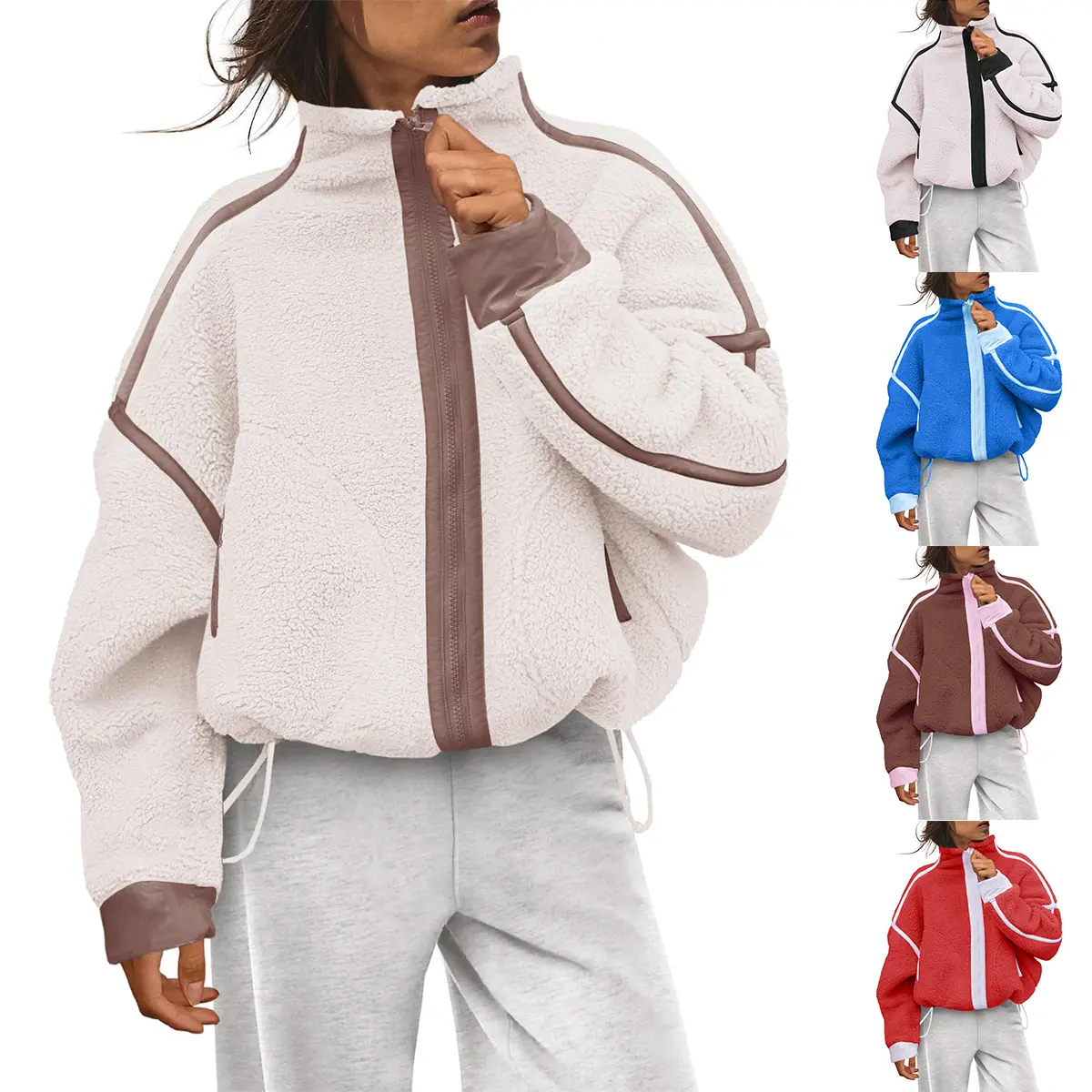 SCUSTY Women Striped Trim Cropped Sherpa Fleece Zip Up Jacket Fuzzy Teddy Coat Casual Loose Fall Winter Outerwear with Side Pockets