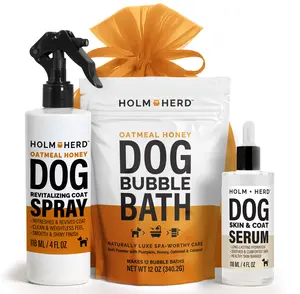 Holm & Herd Luxurious Dog Gift Set - Bubble Bath Powder, Dog Refreshing Spray, Skin & Coat Serum & Organza Gift Bag – Vet Approved – Made in the USA