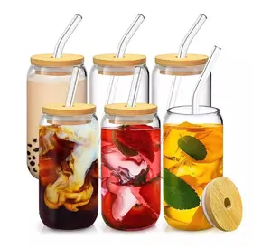 Glass Cup with Lid & Straw Set, 6pcs 16OZ Party Clear Glass Cup Set, Can Shaped Drinking Glasses Summer Cool Bottle, Birthday Gift Ideas, Suitable for Coffee, Juice, Milk Tea, Beer