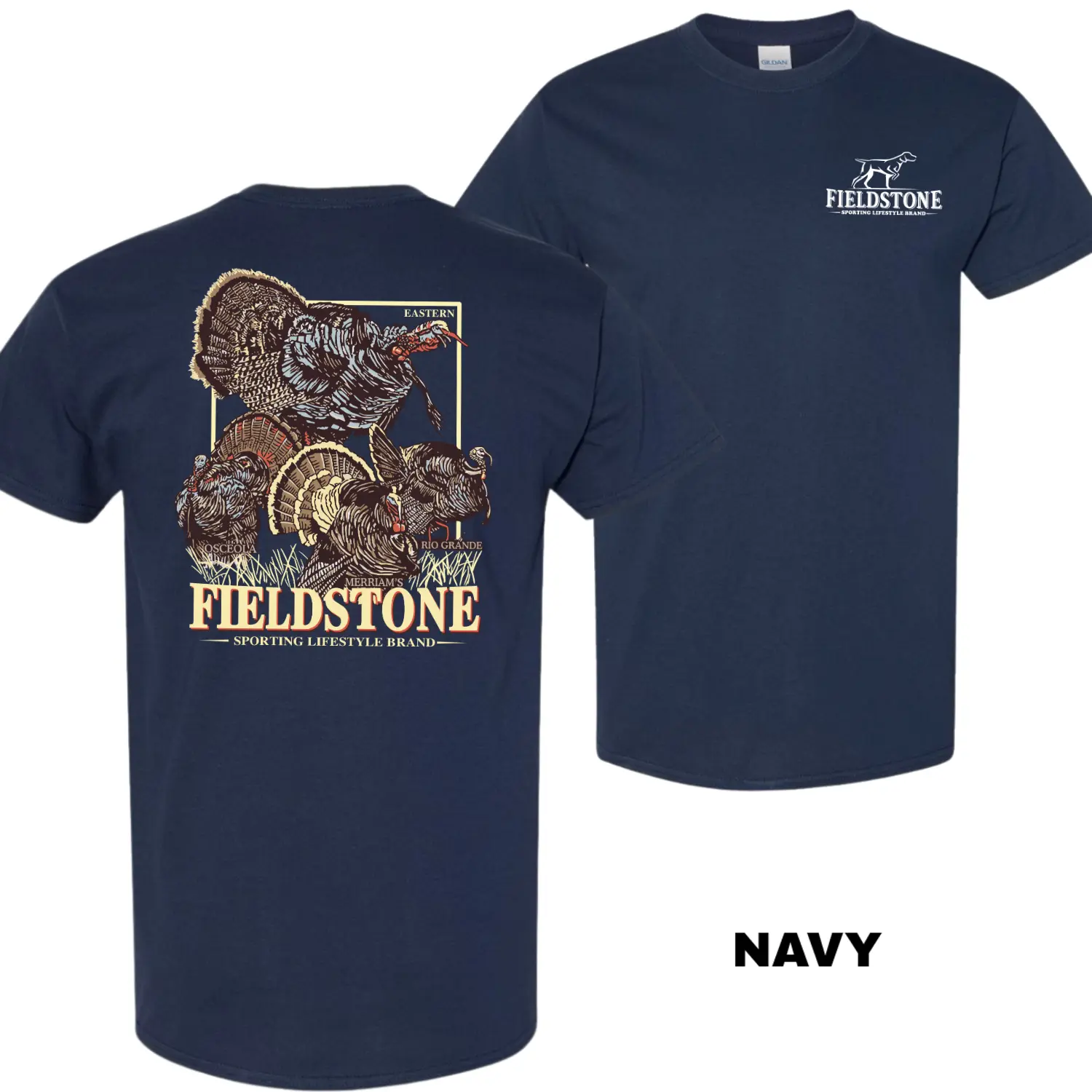 Men’s Fieldstone Wild Turkey Hunting T-Shirt, Vintage Turkey Graphic Tee, Southern Outdoor Sporting Shirt, Eastern & Rio Grande Turkey Back Print Tee, CStreetwear,100% Cotton| Gift for Turkey Hunters, Outdoorsmen, Husband, Boyfriend, Dad