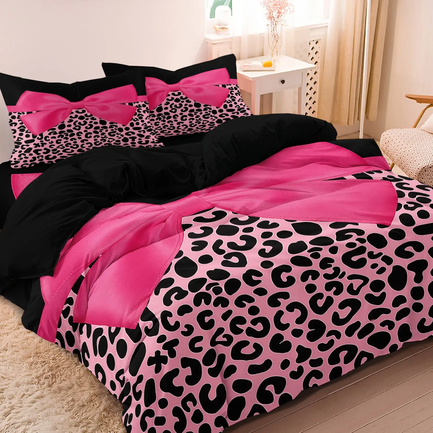 3pcs Pink Leopard Print Bow Print Duvet Cover Set, Stylish Bedding Set, Leopard Print Cozy Bedding Set, Comfy Bedding Set, For Family Bedrooms Dormitories Hotels Comfy Bed Sets (1 Duvet Cover + 2 Pillowcases No Comforter No Pillow)