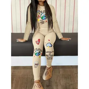 [Graffiti Printed Two-piece Set] Casual Two-piece Set - Graffiti Printed Round Neck Long-sleeved Top And High-waisted Pants Suit - Women's Clothing