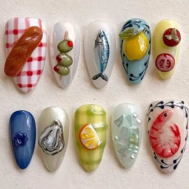 Katy Nails - Mediterranean Summer Picnic Press-On Nails, 3D Sausage, Oyster, Fish, Olives & Citrus Art, Handmade Foodie Nails, Beach Vibes, Summer nails, Gifts for Her