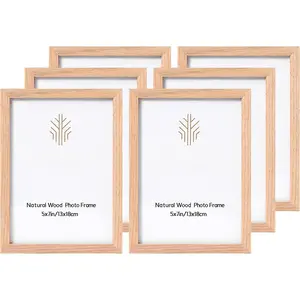 5x7 Oak Wood Picture Frames, 6 Pack Natural Wood Color Photo Frame with High Definition Glass for Wall Mount or Table Top Display