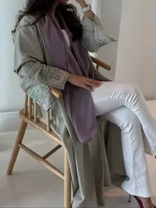 Elegant Embroidered Turkish Abaya Dress, Floral Sleeve Design, Light Polyester Fabric, Women's Open Front Cardigan for Casual & Formal Wear, Floral Embellished Abaya