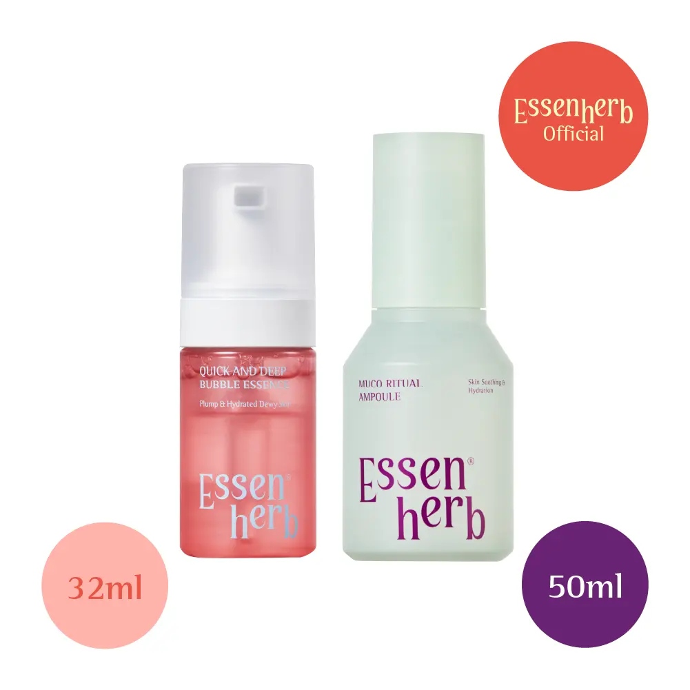 Essenherb Quick & Deep Bubble Serum Essence + Muco Ritual Ampoule MINI Duo – Korean Skincare Hydration Set with Bubble Essence & 95% Aloe Serum for Plump, Radiant-Looking Skin (3.28 fl oz + 1.69 fl oz)