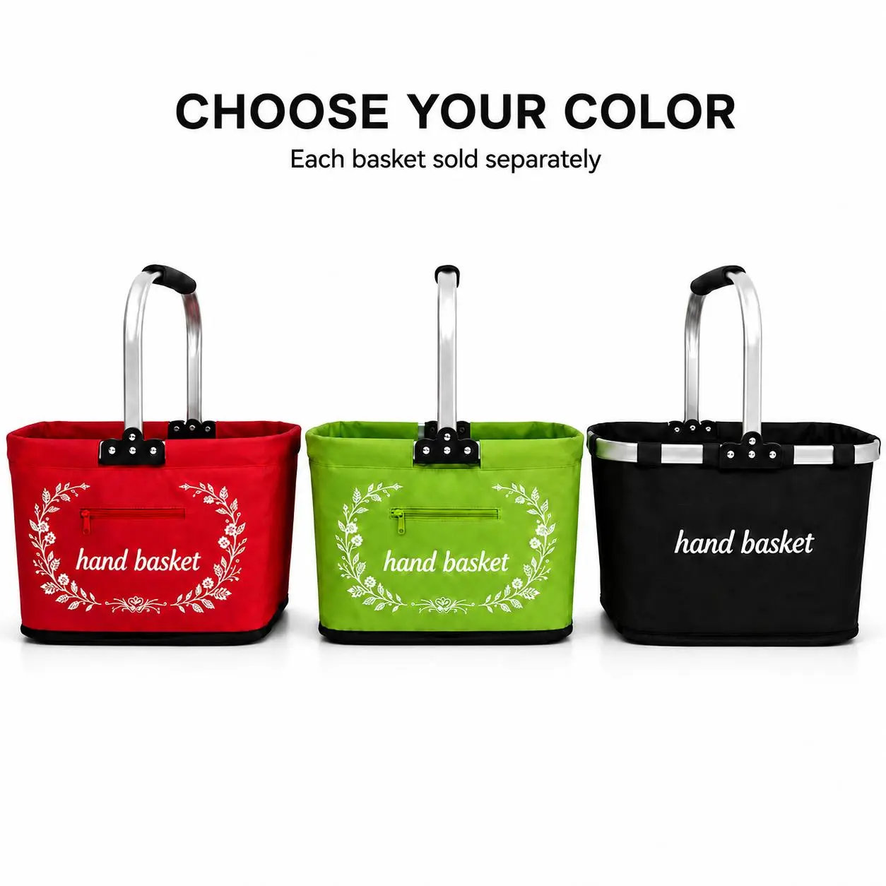 Foldable Shopping Basket with Aluminum Handle, Lightweight Reusable Grocery Tote with Front Zipper Pocket for Shopping, Picnic & Travel