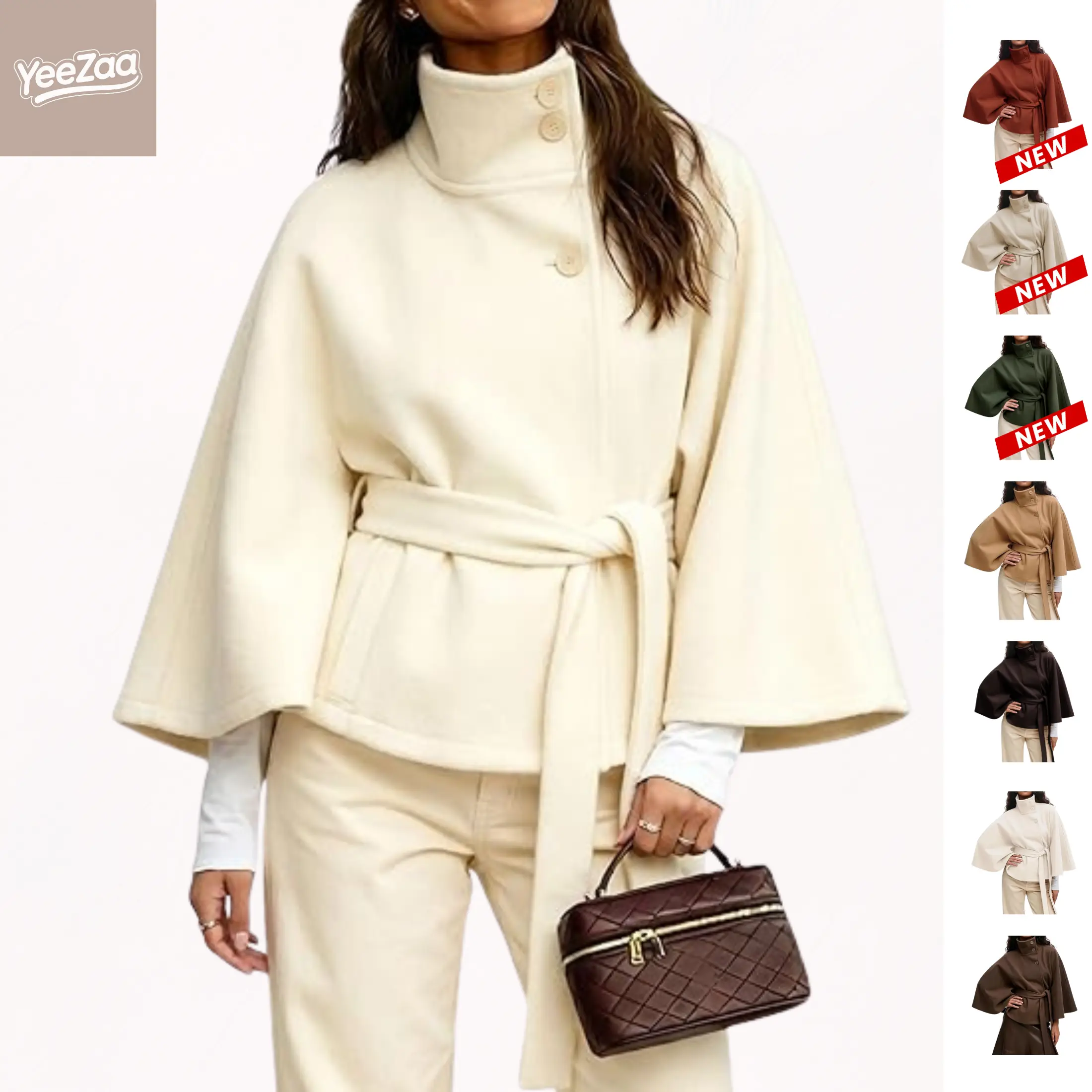 YeeZaa Poncho Pea Coat for Women Wool Blend Oversized Belted 2026 Fashion Fall Winter Elegant Stand Collar Cropped Cape Jacket Batwing Sleeve Trendy Casual  Outerwear Overcoat
