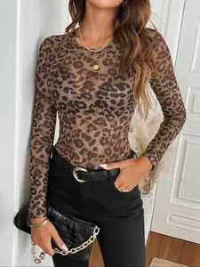Women's Leopard Print Mesh Round Neck Long Sleeve Top, Sexy Tight-Fitting Thin Fabric Tee for All Seasons, Stylish Women's Clothing（gift） Shirt Womenswear