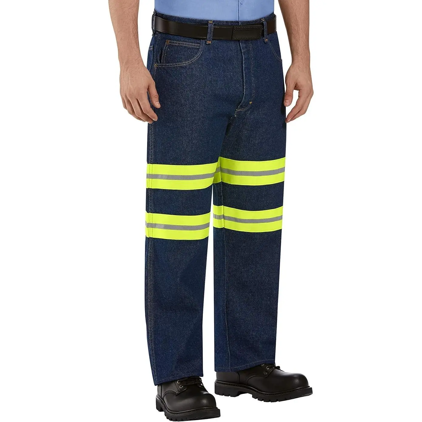 Red Kap Men's Relaxed-Fit Heavyweight Denim Jeans - Pre-Washed, Moisture-Wicking, Enhanced Visibility Work Utility Pants with Yellow/Green Trim, 36W x 32L US