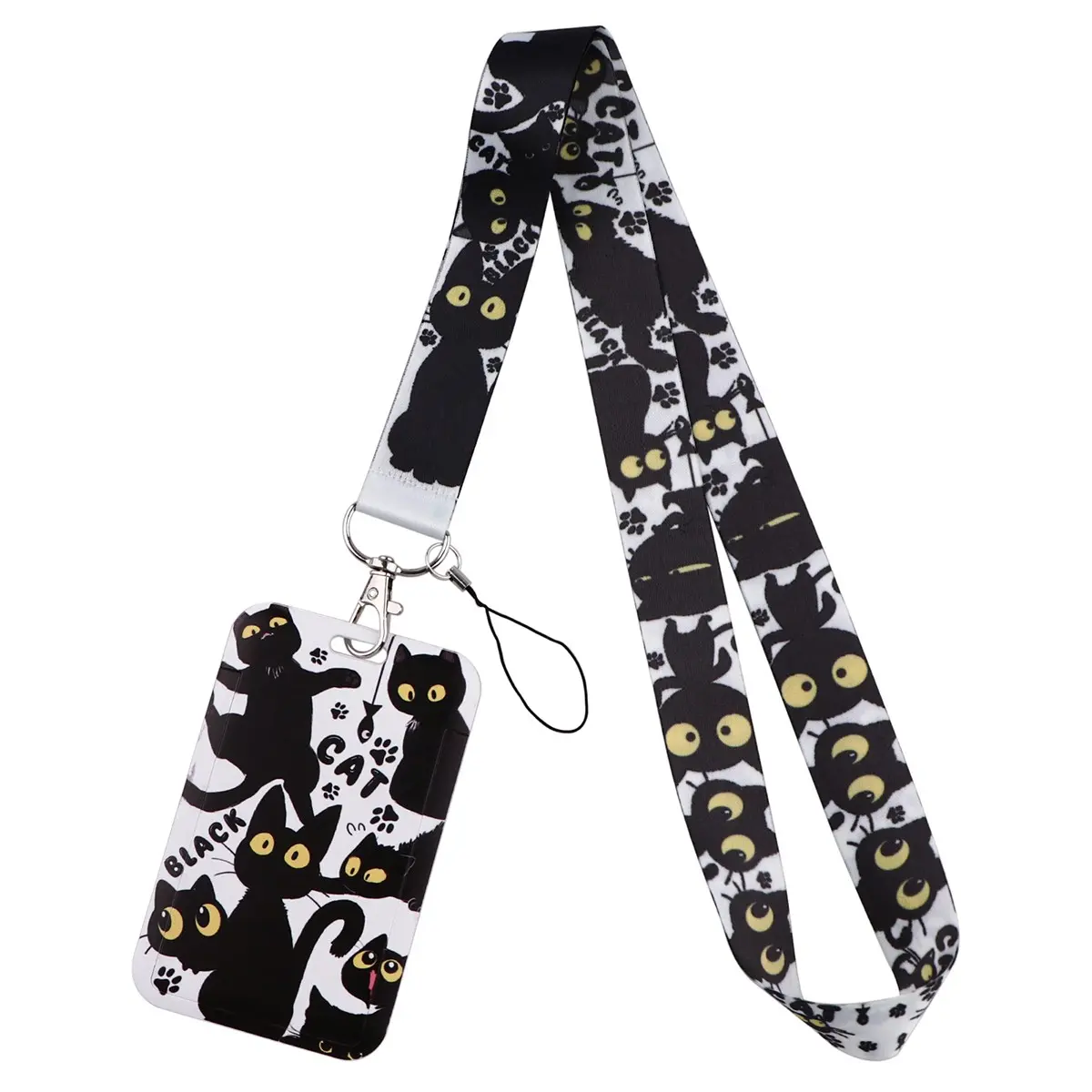 Cartoon Black Cat Lanyard Trendy Cute Keychain ID Credit Card Cover Pass Women Mobile Phone Charm Neck Straps Badge Holder Key Holder Accessories Keychain Accessory Key Charms