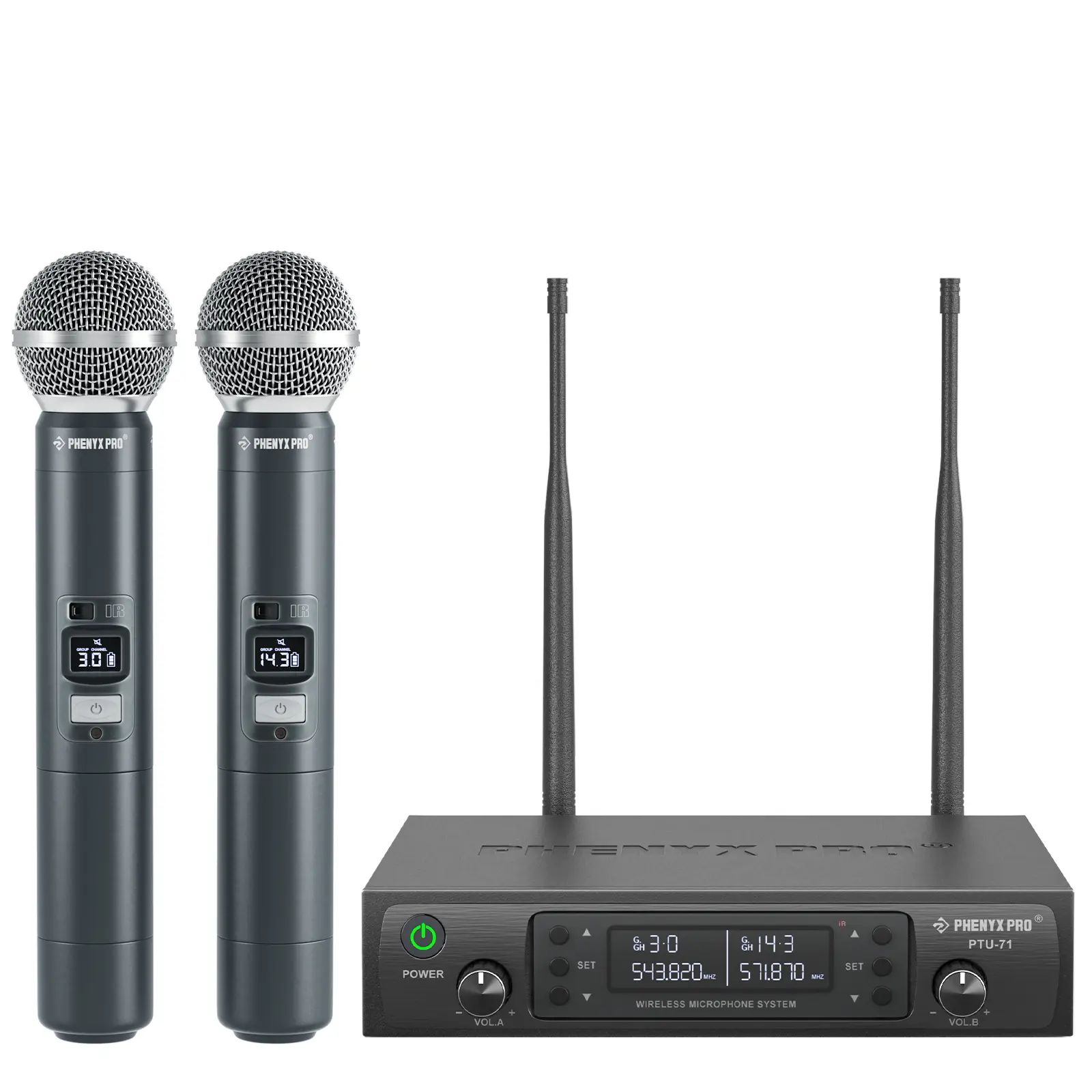Phenyx Pro PTU-71-2H Dual Wireless 500Mhz Microphone System – 2 Handheld Mics, 328ft UHF Range, Auto Scan & IR Sync, 2x100 Adjustable Frequencies, Dynamic Mics for Singing, Church, Karaoke, Events