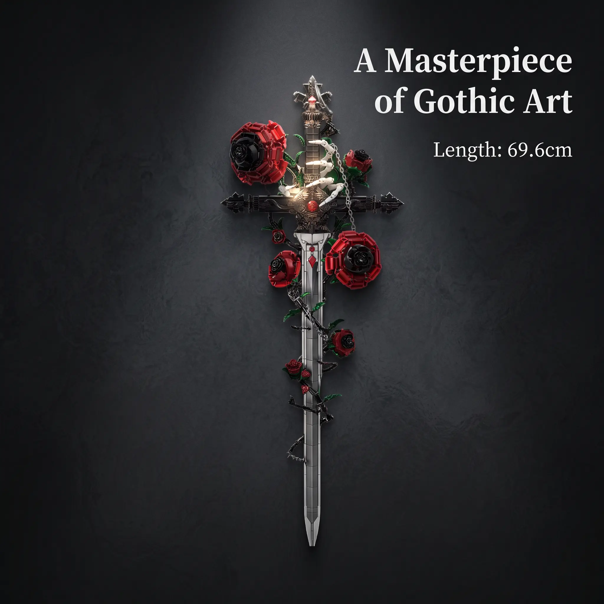 Gothic Rose Sword Building Blocks Set, Dark Romantic Cross Sword Brick Model with Skeleton Hands & Red Roses, Large Wall Display Decor Collectible Building Kit Gift for Adults
