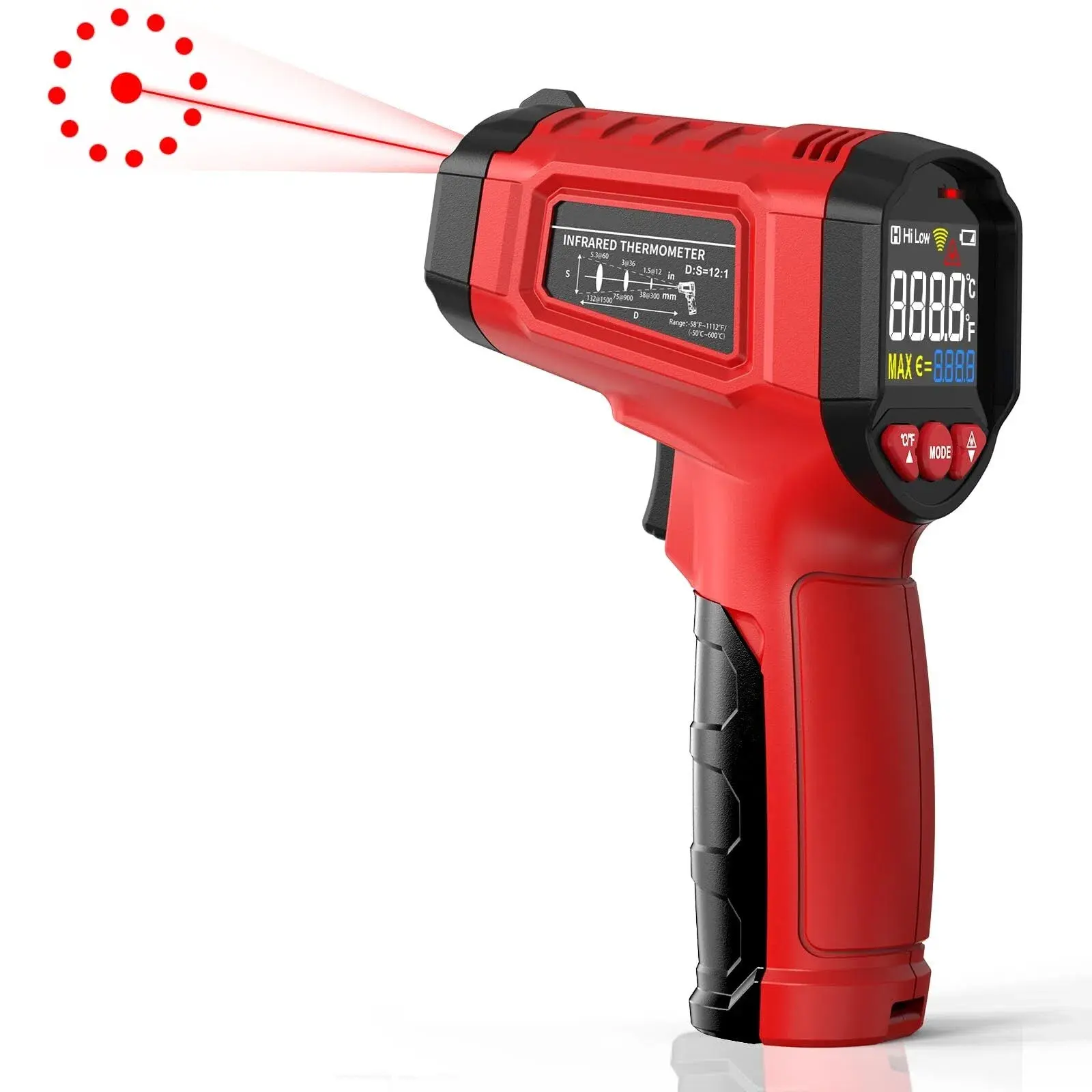 GJANSH Infrared Thermometer Gun,Laser Thermometer Gun -58℉～1112℉(-50℃～600℃),Non-Contact Temperature Gun with Adjustable Emissivity&Color Backlight for Cooking, Pizza Oven,BBQ,Fridge,Engine,HVAC(Red)