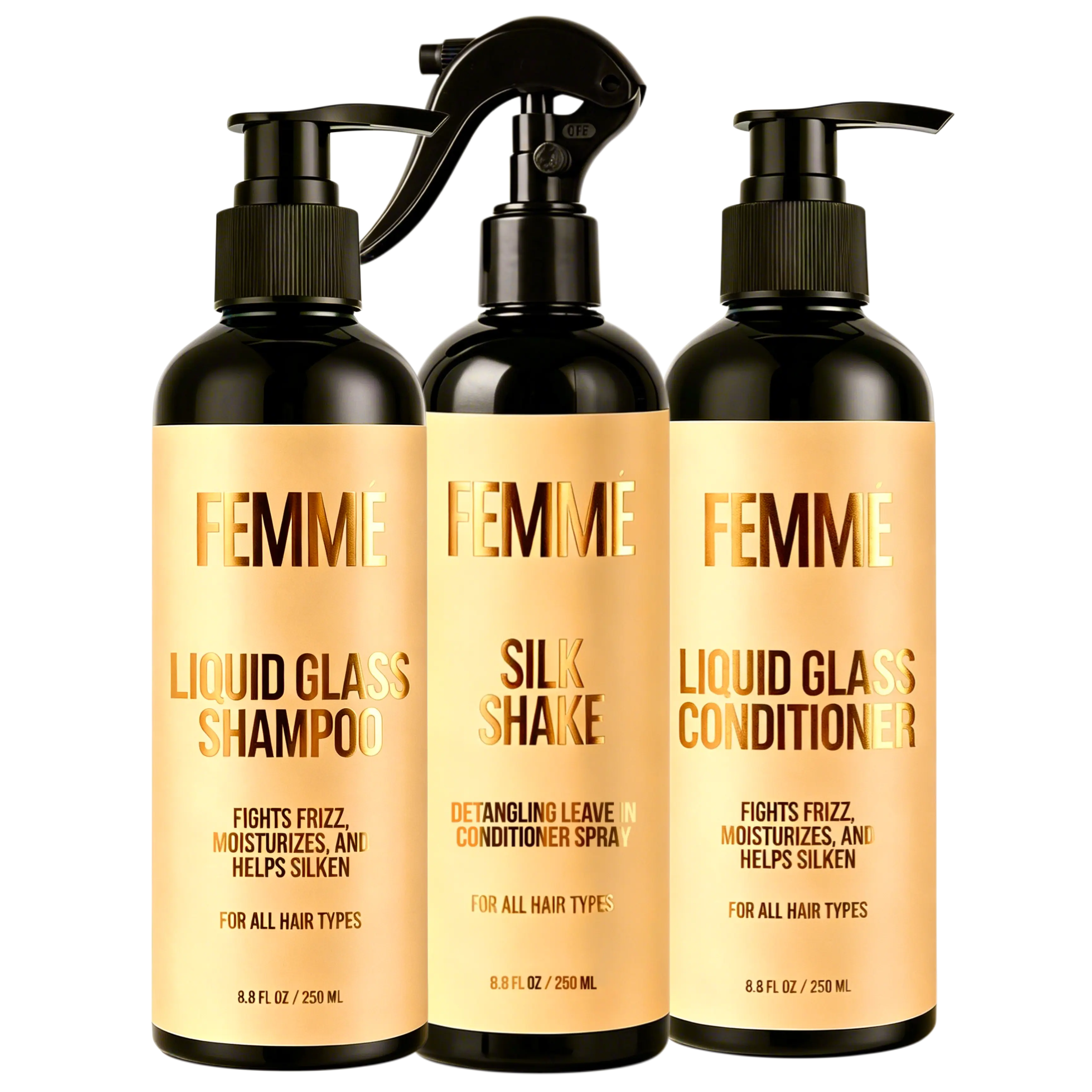 Wash Day Bundle - FEMMÉ Liquid Glass Shampoo -  FEMMÉ Liquid Glass Conditioner - FEMMÉ Silk Shake - Fights Frizz Moisturizes & Helps Silken - 320ml - For All Hair Types - Luxurious Formula for Radiant Shine