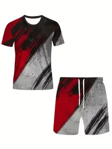Men's Outdoor Casual Fashion Set, Summer Trendy Short Sleeve Round Neck Quick-Dry Tee, 3D Digital Print, Ideal for Daily Wear, Gifts