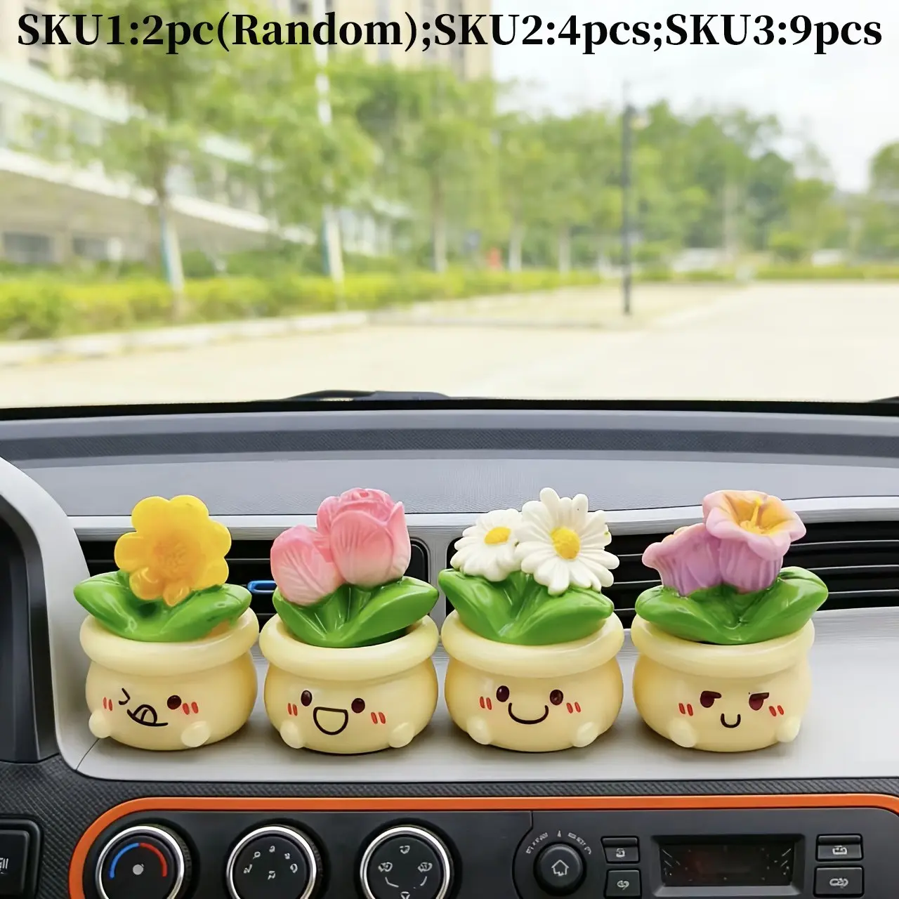 Spring Flower Car Decorations, Tulip Chrysanthemum Rose Potted Plants, 2/4/9pcs Desktop Accessories, Vehicle Interior Decoration, Car Ornament, Car Interior Ornaments