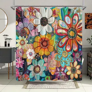 Colorful Floral Shower Curtain Bright Flower Print Bathroom Curtain Spring Garden Bathroom Decor Waterproof Bath Curtain
