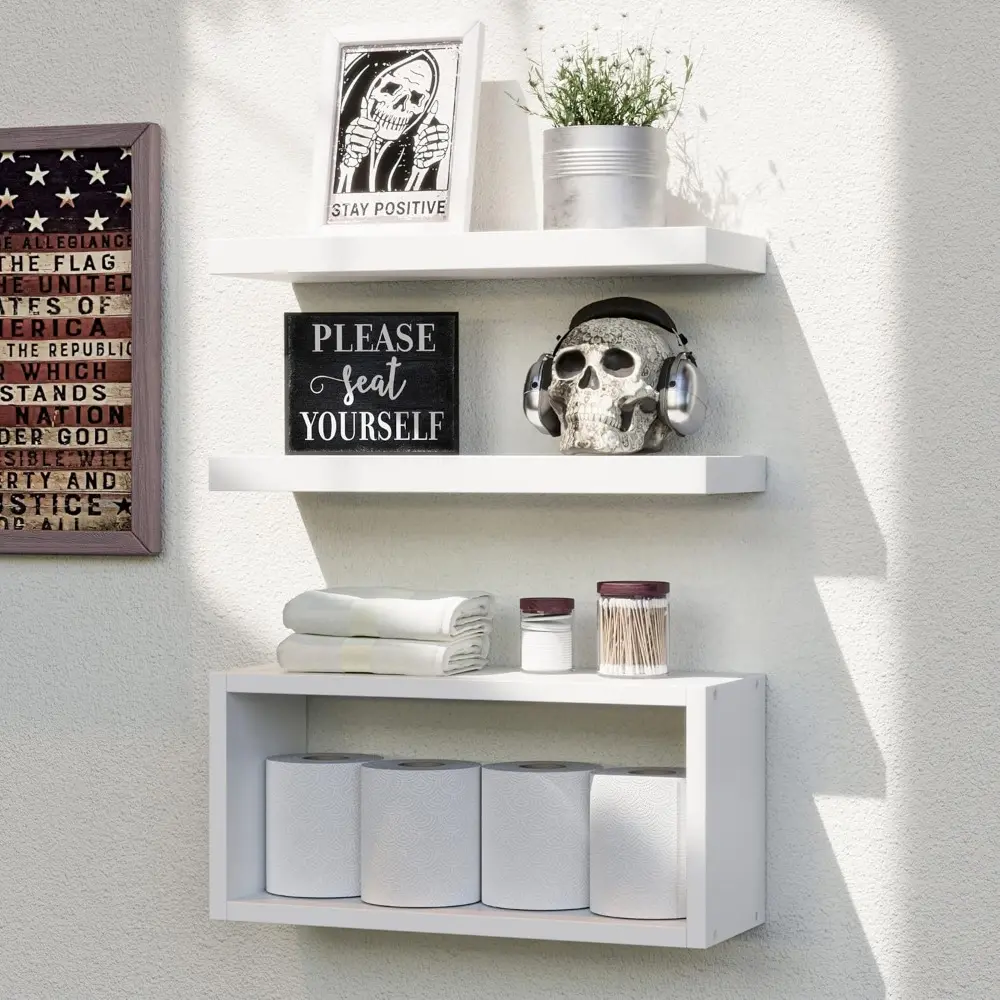 Floating Shelves Set of 3, Modern Bathroom Shelves Wall Mounted Shelves with Invisible Brackets Over Toilet, White Wall Shelves For Bathroom, Bedroom, Living Room, Kitchen-White