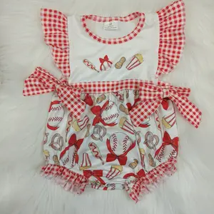 SR0848  Cute Bow Baseball  Popcorn Red Printed Pearl Sleeve Vest Onesie,Baby Girls Bubble