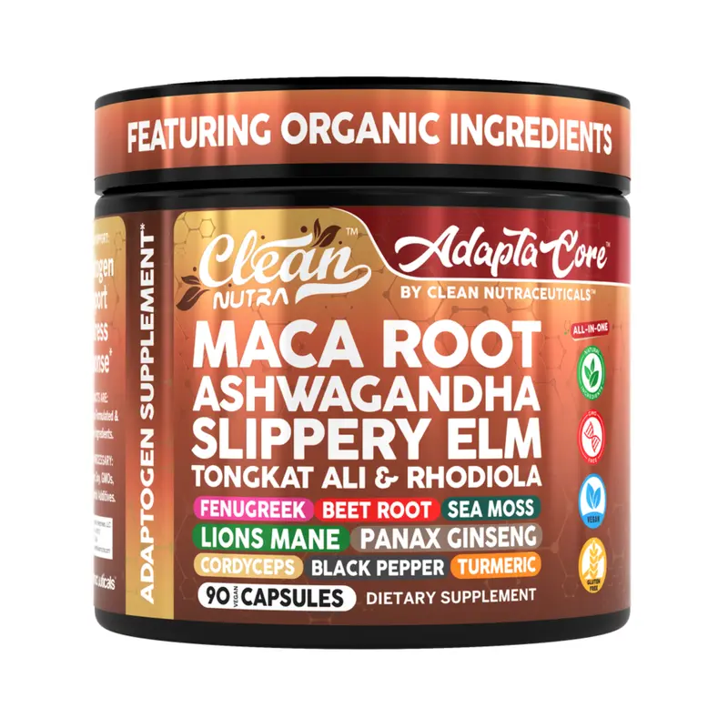 Clean Nutra Maca Root, Ashwagandha, Slippery Elm, Tongkat Ali, Rhodiola & Adaptogens for Stress & Energy - AdaptaCore
