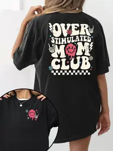 Overstimulated Mom Club Shirt, Cool Mom Graphic Printed Round Neck T-shirt, Anxiety Mom Casual Style Tee, Gifts For Mom, Mom Birthday Gift, Cute Mom Cotton Fabric Tee Shirt, Vintage Mom Women Top Womenswear Comfort Fit Chic Style, Spring