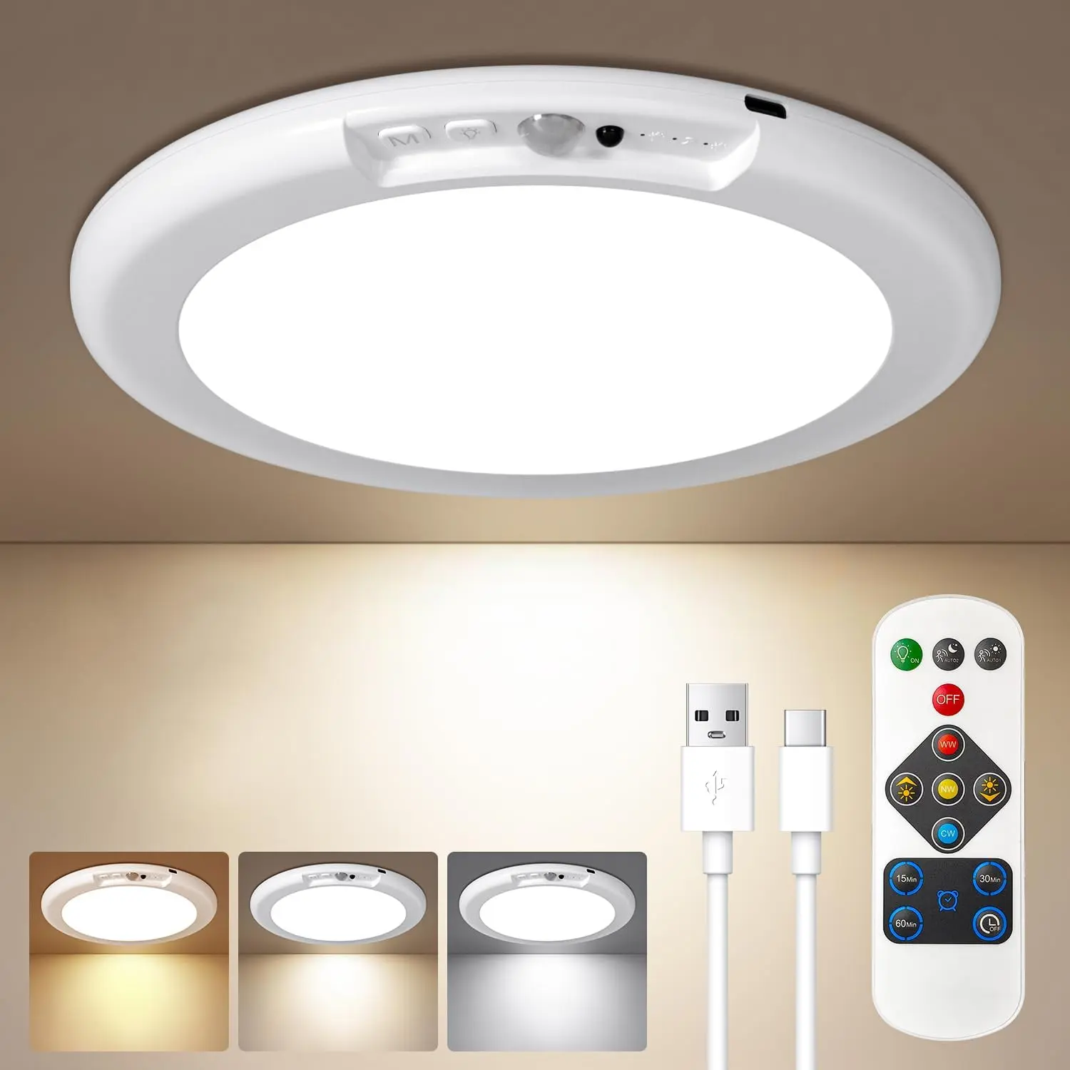 Rechargeable Motion Sensor Ceiling Light, Magnetic Wireless LED Ceiling Lamp with Remote, Battery Operated Closet Light for Shower, Stair, Hallway, Garage, Bedroom, Porch and Patio
