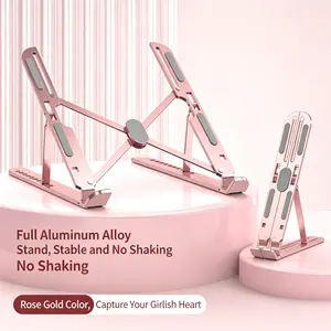 Cute Aesthetic Rose Gold Aluminum Laptop Stand, Foldable Adjustable Height Stable Anti-Shake Notebook Riser, Portable Cooling Metal Desk Holder Perfect for Girls, Office & Study