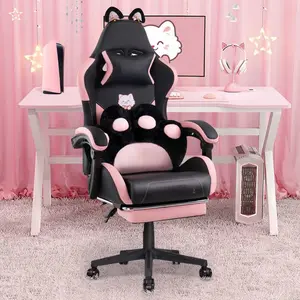 Cute Gaming Chair, Ergonomic Reclining PC And Office Chair, With Cat Ears And Cat Paw Lumbar Support, Headrest, Footrest, And Adjustable Features, [Weight Capacity]