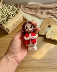 Handmade Crochet Keychain 10cm Cute Amigurumi Mini Doll Christian Gift Ornament with Red Scarf and White Outfit Perfect for Versatile Use