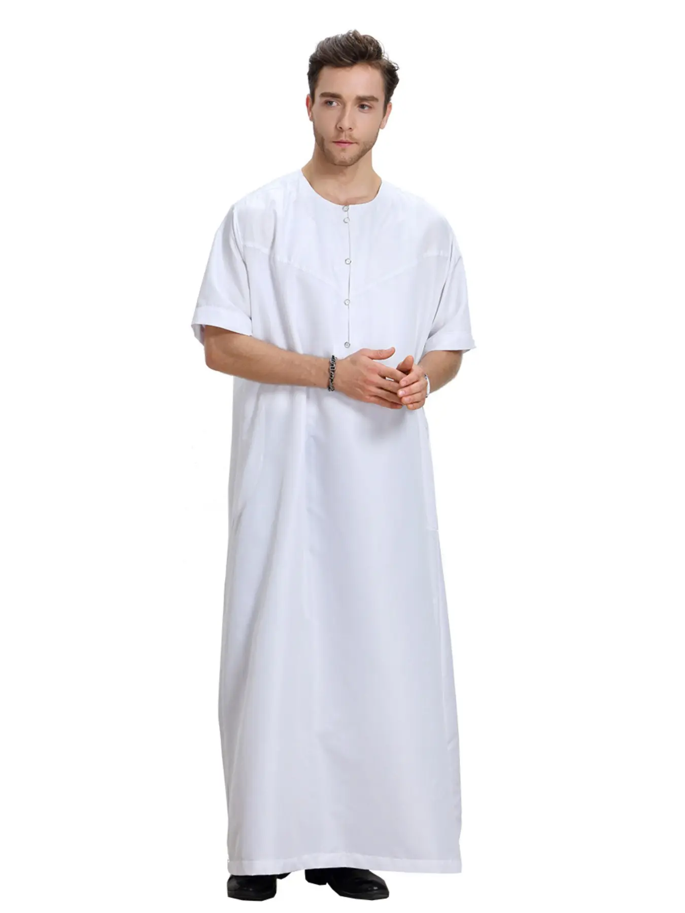 Muslim Middle East Men's Long Robe Modesty Authentic Saudi Thobe Outerwear Short Sleeve Solid Color, Traditional Arabic Clothing, Comfortable and Stylish