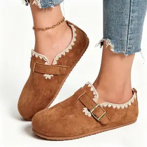 Women’s bohemian loafers with crochet trim, adjustable buckle, closed toe flats—non-slip, comfortable shoes for work and casual wear