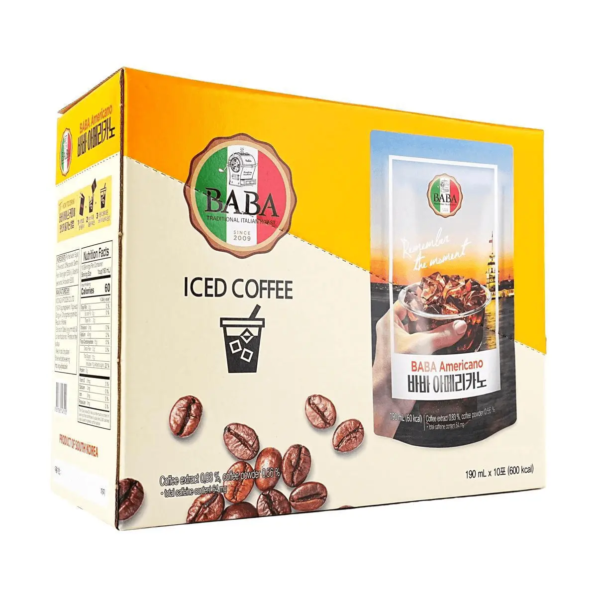WOONGJIN BABA Americano Coffee 190ml x 10 Packs - Low Calorie, 0 Fat, Ready-to-Drink Iced Coffee, Korean Convenience Store Favorite
