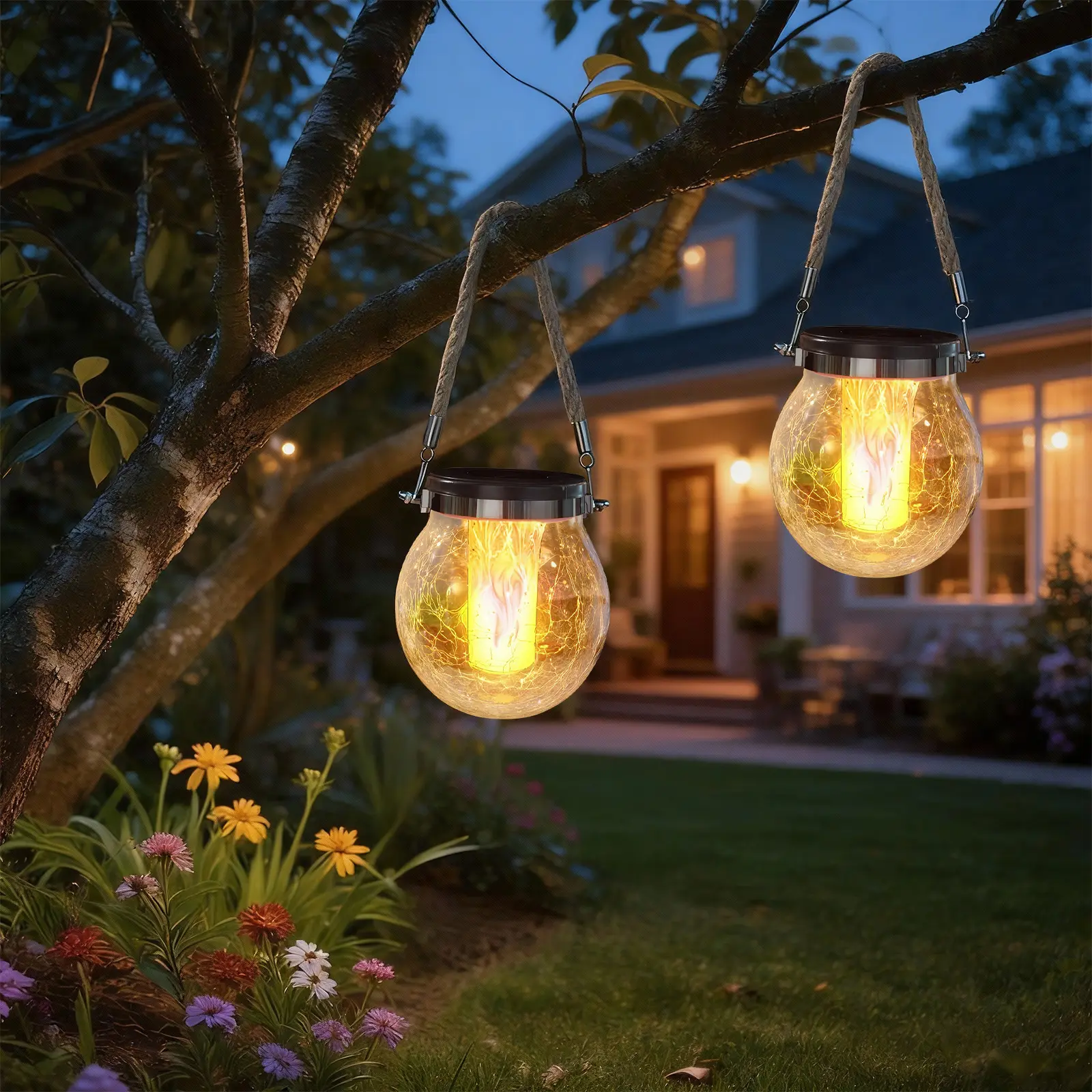 Mason Jar Solar Dancing Flame Lantern with Hemp Rope - Outdoor Halloween Lights for Camping, Yard, Patio Garden Decor