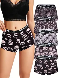 5-Pack Women's Gothic Full-Print Panties Set, Soft Comfortable Mid-Waist Seamless Briefs, Seamless Crotch Design, Elastic Waistband, All Seasons Wear, 5 Pieces
