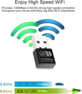 AC1300 USB WiFi Adapter 2.4G/5G Dual Band 1300Mbps High Speed Wireless Network Adapter for PC & Mac OS 10.9-10.15 with USB 3.0 Compatibility