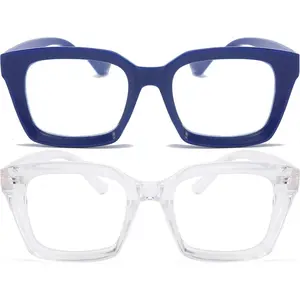 2 Pack Oprah Style Oversized Reading Glasses for Women Men Blue Light Blocking, Ladies Stylish RetroSquare Large Computer Readers (Blue/Clear 1.5x)