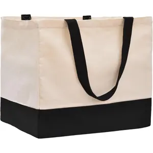 Heavy Duty Canvas Reusable Grocery Bags - 8.3 Gal Foldable Large Tote with Handles, Holds 60 lbs & Washable Eco-friendly Bags with 5 Pockets, Off White Black
