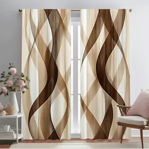 2Pcs, abstract and elegant striped print curtains, translucent wavy curtains, Window Curtain - brown and brown, suitable for all seasons, suitable for living room, study bedroom home decoration, rod pocket design, suitable for Christmas decor