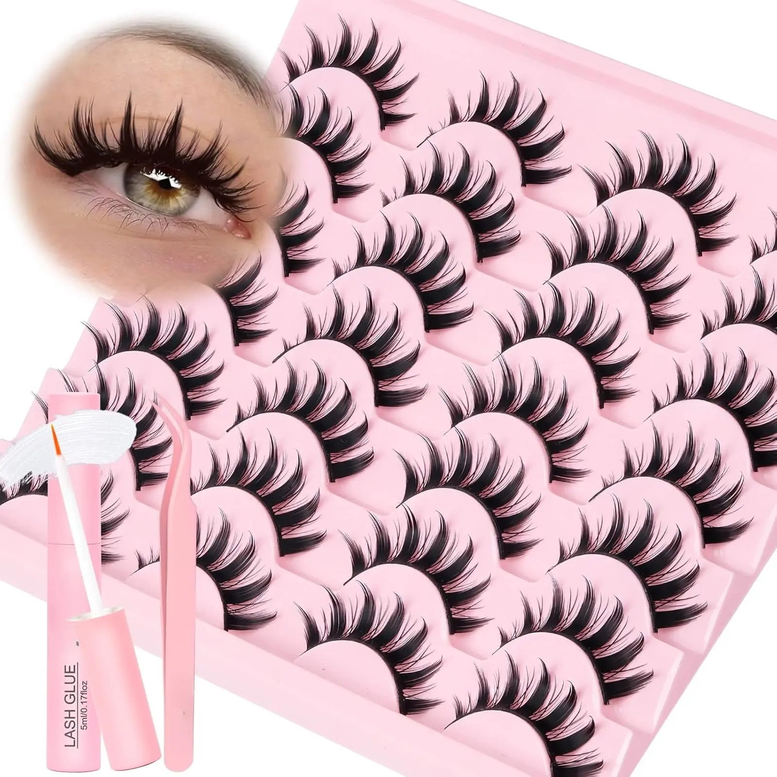 Lashes Spiky Manga Lashes 14 Pairs Anime False Eyelashes 8D Wispy Eye Lashes Kit with Lash Glue and Lash Tweezers Natural Soft Fake Eyelashes (Cutes)