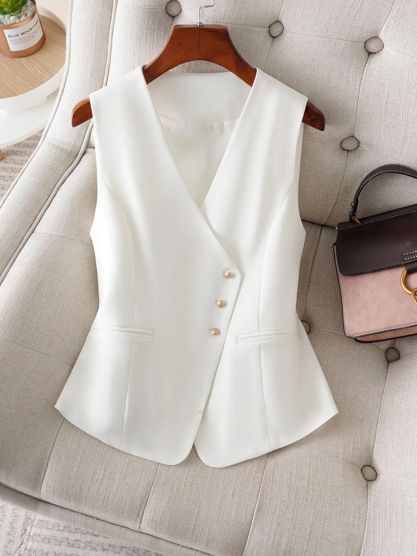 Women's Solid Button Front V Neck Vest, Elegant Fashion Casual Minimalist Office Style Sleeveless Tank Top  for Work Office Business, Ladies Spring & Fall Clothes