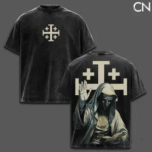 Baldwin IV Washed Oversized Tee Featuring Crusader Knight Artwork & Distressed Retro Fit – Trending Medieval Streetwear Essential，funny graphic tee, men’s trendy t-shirts,