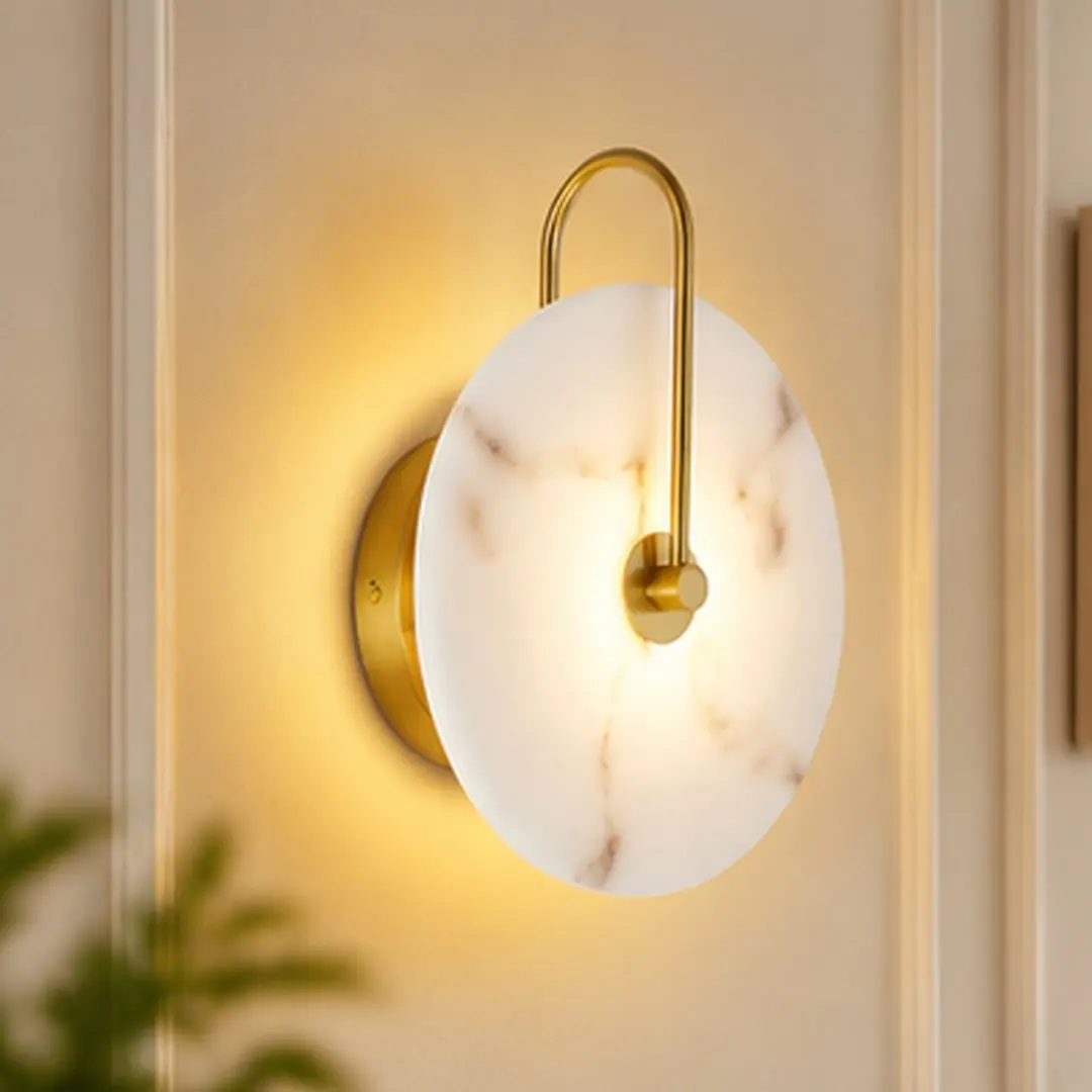 Round Alabaster Wall Sconce, Natural Marble Lampshade, Hardwired Circular LED Modern Wall Lamp for Bedroom, Stairs, Living Room, Hallway, 9.8 Inch, Gold Finish, Iron Mount, Multiple Color Options, Gold Color Options, Iron Material