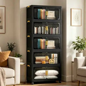 Foldable multi-purpose storage bin, stackable multi-purpose plastic storage box with lid, door, and wheels; ideal for organizing clothes and miscellaneous items; storage and organization container for living rooms, bedrooms, offices, and other rooms