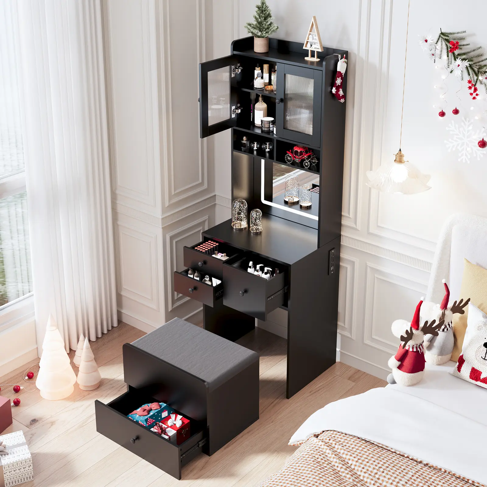 Contemporary Multi-Use Vanity Desk - Sliding LED Mirror, 4 Spacious Drawers, Sleek Black Design for Bedroom Organization, Ideal for Holidays, Birthdays