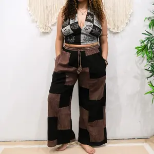 Karma Nepal Crafts Patchwork Wide Leg Pants, Cotton Flare Pants with Elastic Waist, Goth Boho Inspired Pants with Pockets