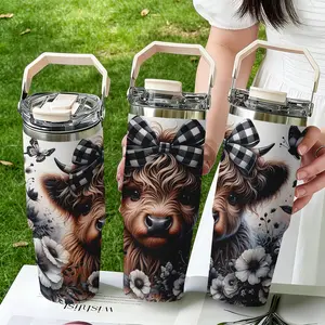30oz Stainless Steel Handheld Mug, Bow Cow Print Design, Dual-Layer Vacuum Insulated Cold & Hot, Portable Travel Cup Gift