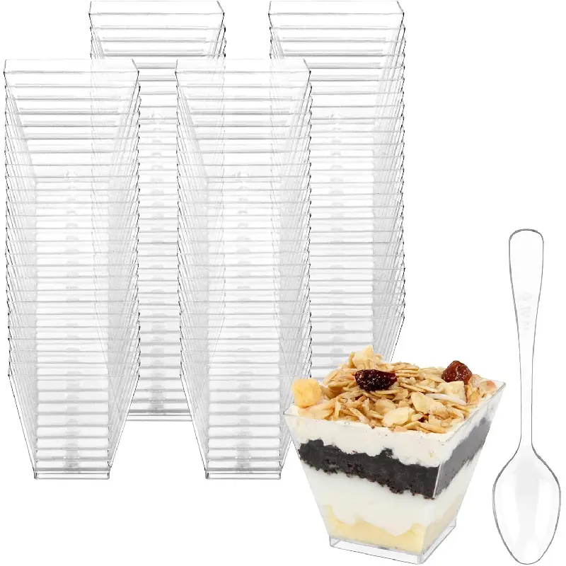 Mini Dessert Cups, 100 CT 2oz Clear Plastic Parfait Appetizer Cups with Spoons Mini Square Dessert Bowls for Serving, Tasting (100)