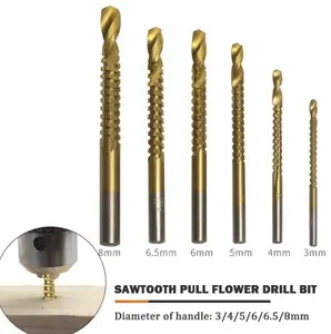 6pcs HSS Twist Drill Bits, 3-8mm Titanium Coated Serrated Grooving Cutting Carpenter Side Cutting Tap Spiral Saw Drill Bit Woodworking Wood Metal Plastic Hole Holesaw Tool